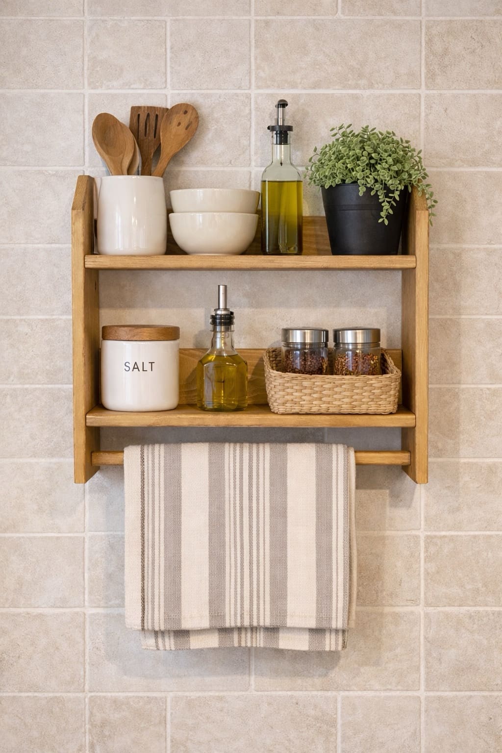 Handmade wooden kitchen wall shelf with integrated towel rail