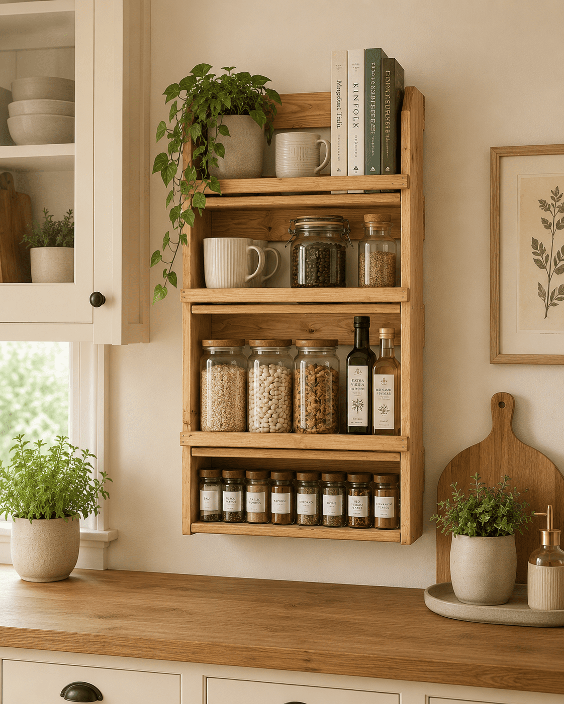 Kitchen wall mounted storage and organisation unit in natural rustic wood