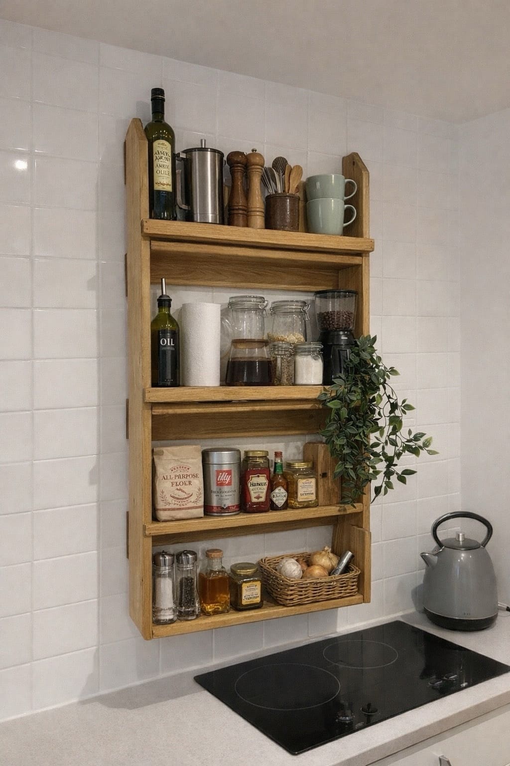 Rustic wooden kitchen wall mounted storage unit with natural wood finish