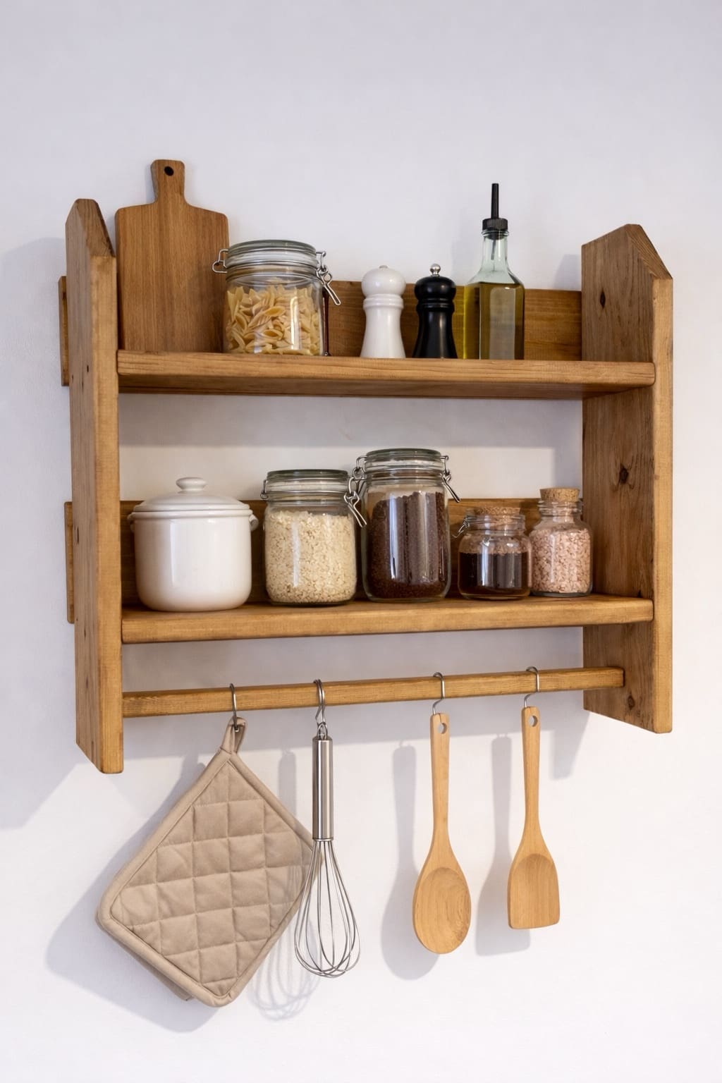 Handmade wooden kitchen wall shelf with towel rail front detail
