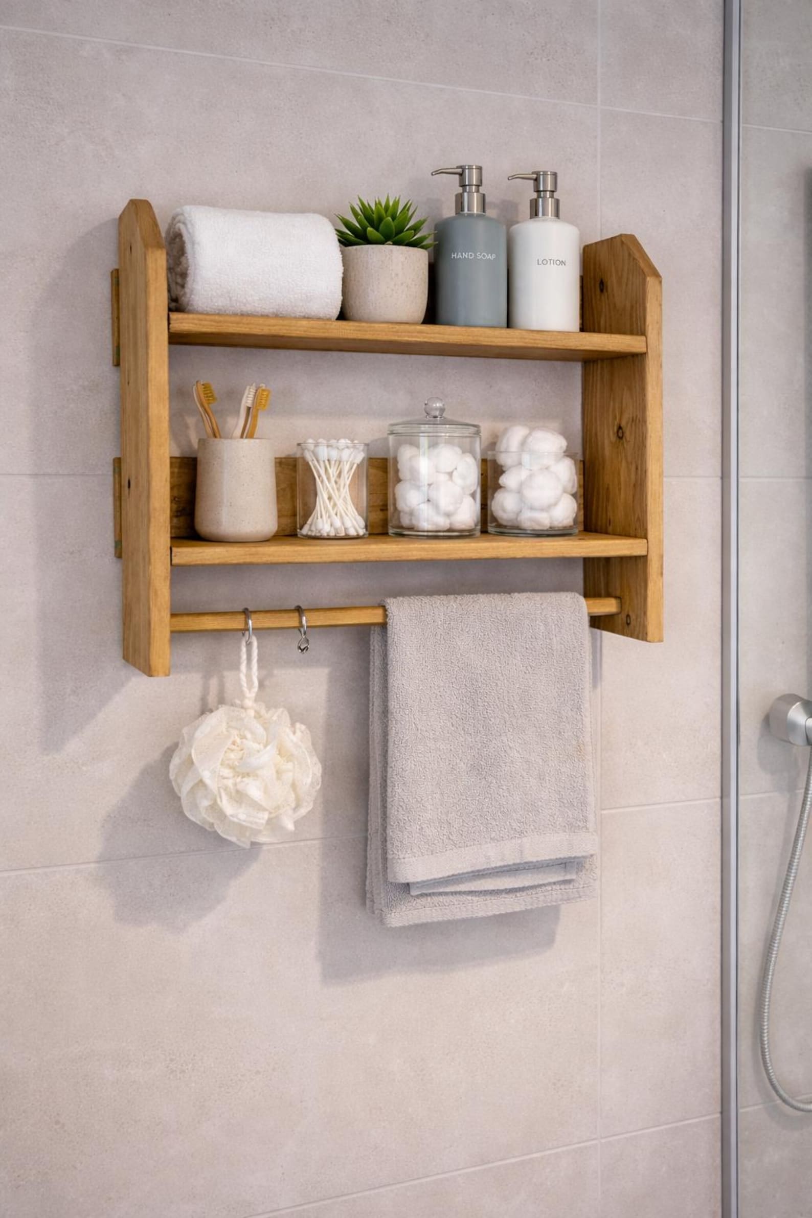 Handmade bathroom Wooden Wall Shelf with Towel Rail