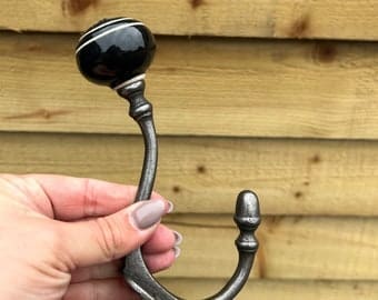 Black & Cream Ceramic Tipped Cast Iron Coat Hook