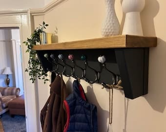 Black and Wood Coat Rack with Ceramic Hook Shelf