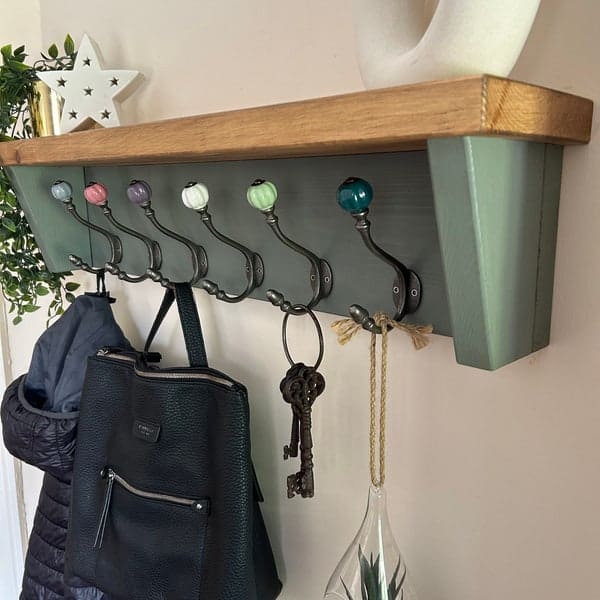 Oak & Sage Green Coat Rack with Ceramic Hooks