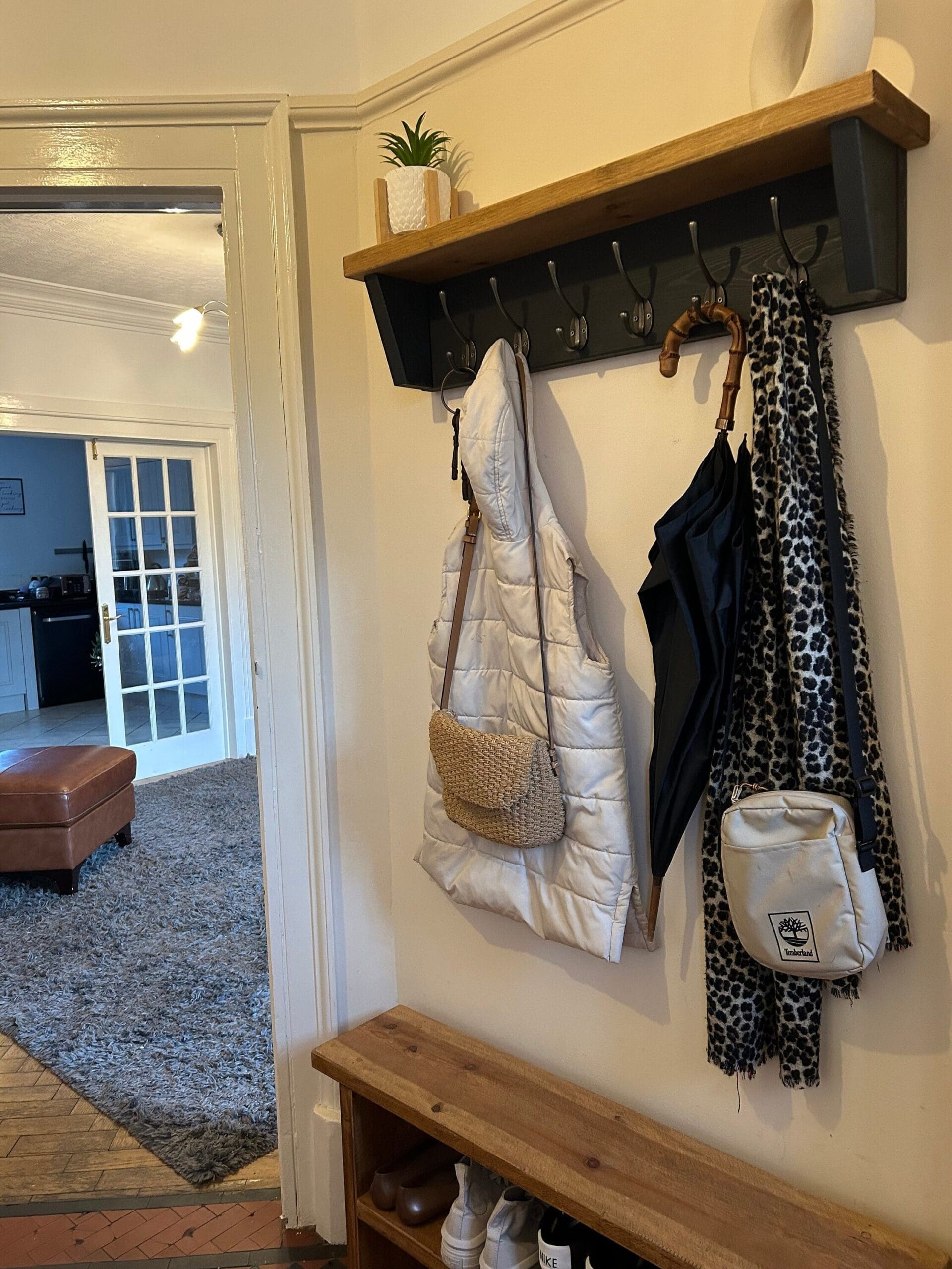 Hand painted Black Rustic Wood Coat Rack with Cast Iron Hooks