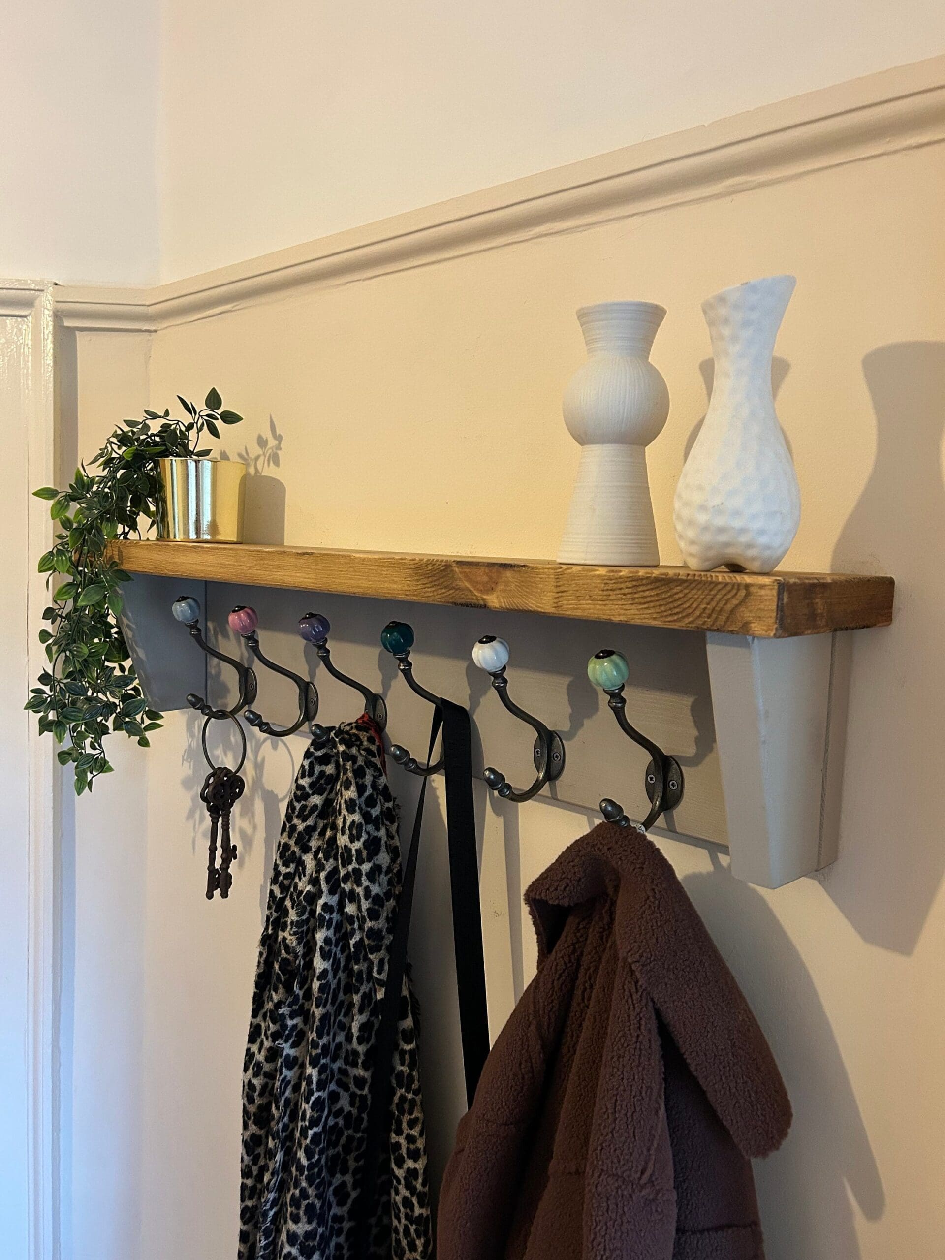 Scandanavian Wood Coat Rack with Shelf: Rustic Cast Iron Hooks