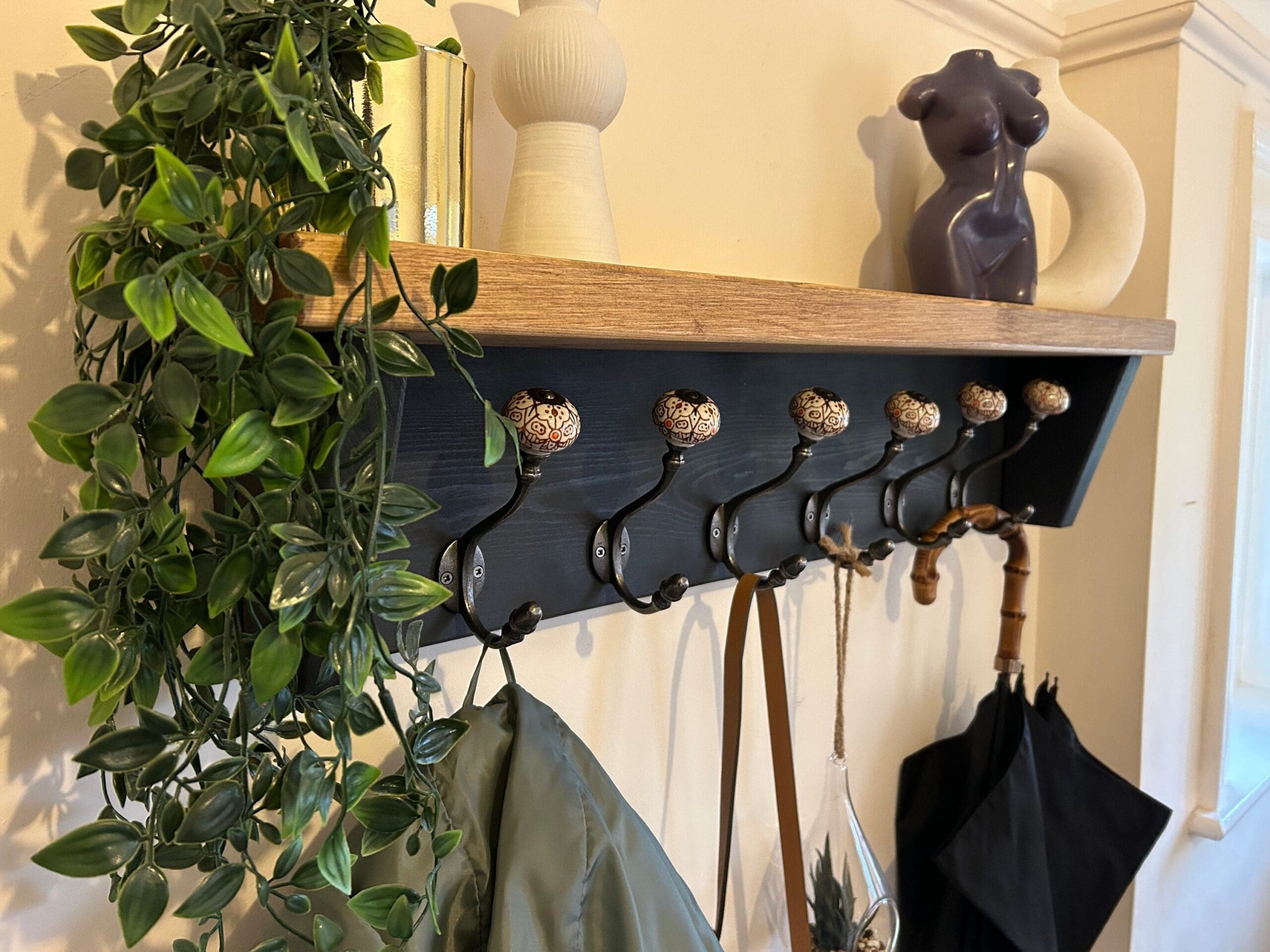 Black Wood Coat Rack with Shelf: Ceramic Tip Cast Iron Hooks