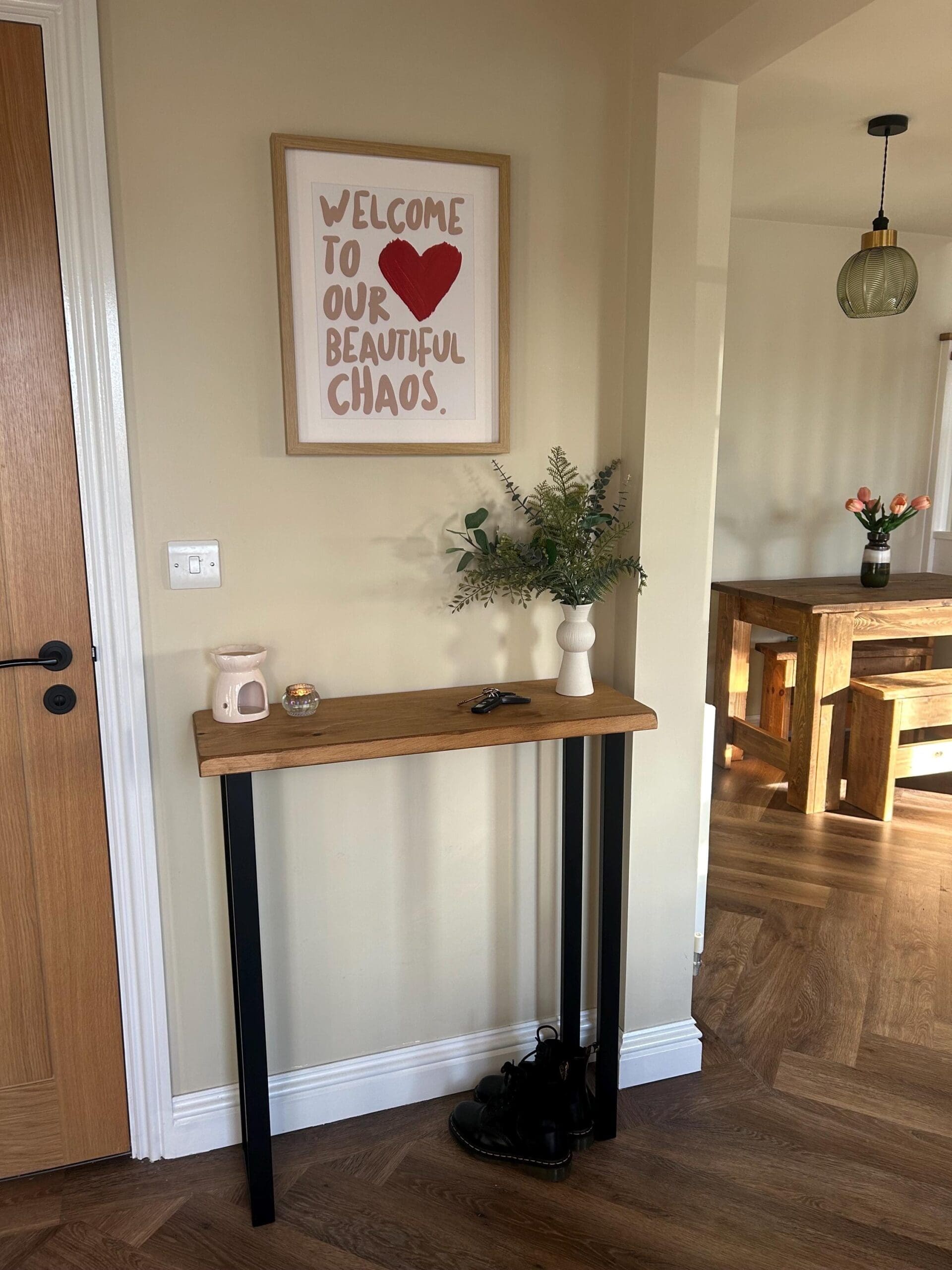 Handmade wooden console table with box section industrial legs
