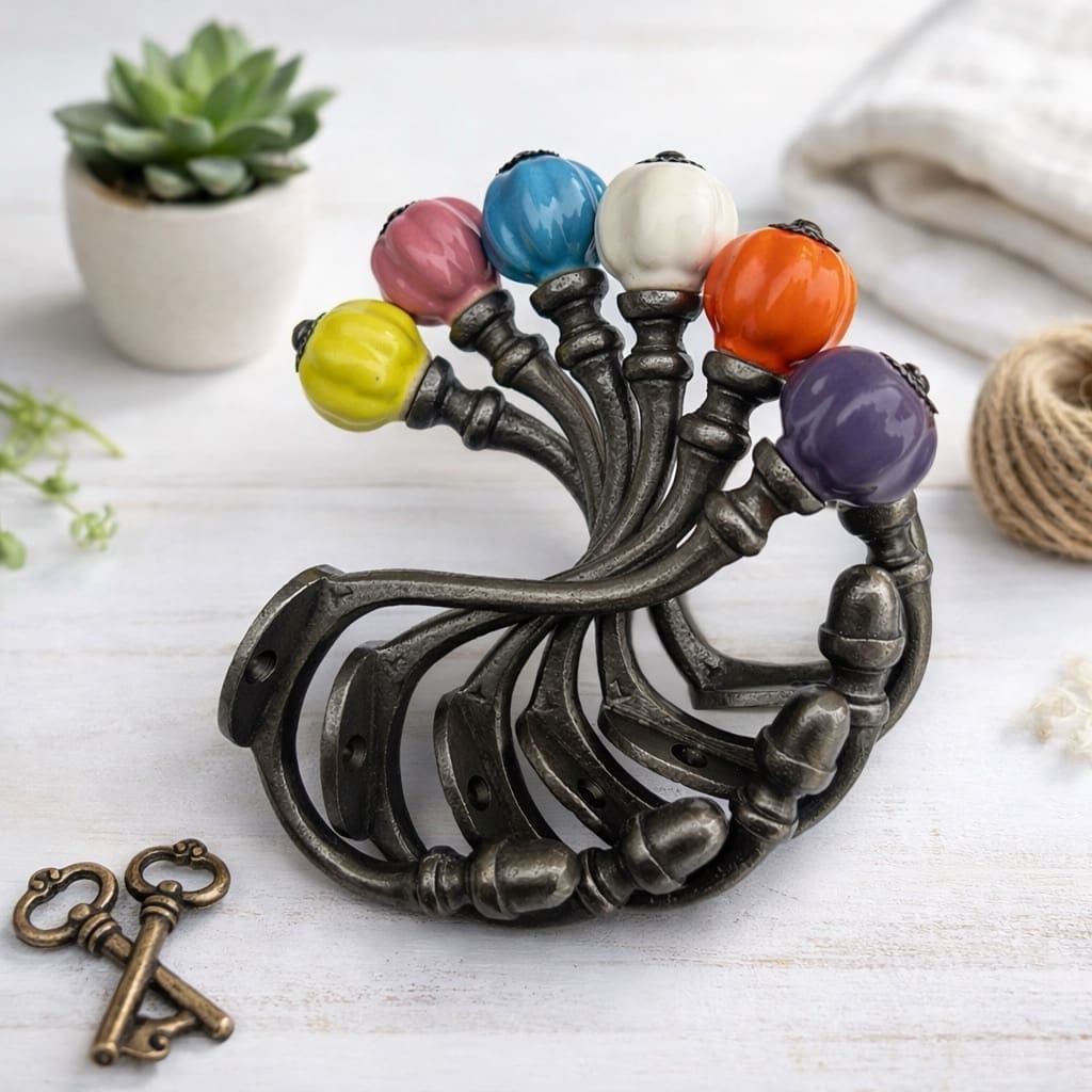 Set of 6 cast iron with ceramic coloured hooks
