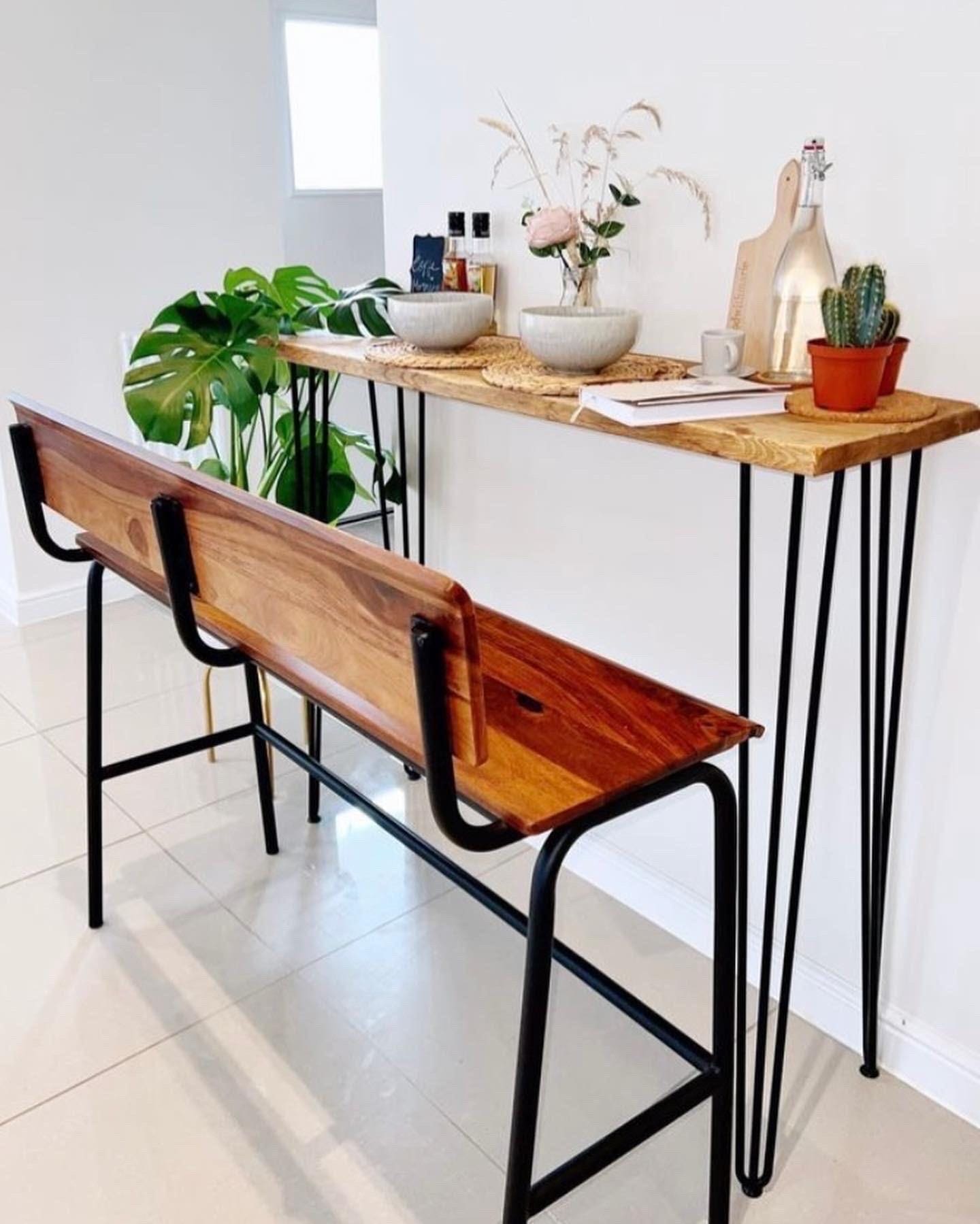 Rustic Chunky Wooden Tall Breakfast Bar Table with Metal Heavy Duty Hairpin Legs