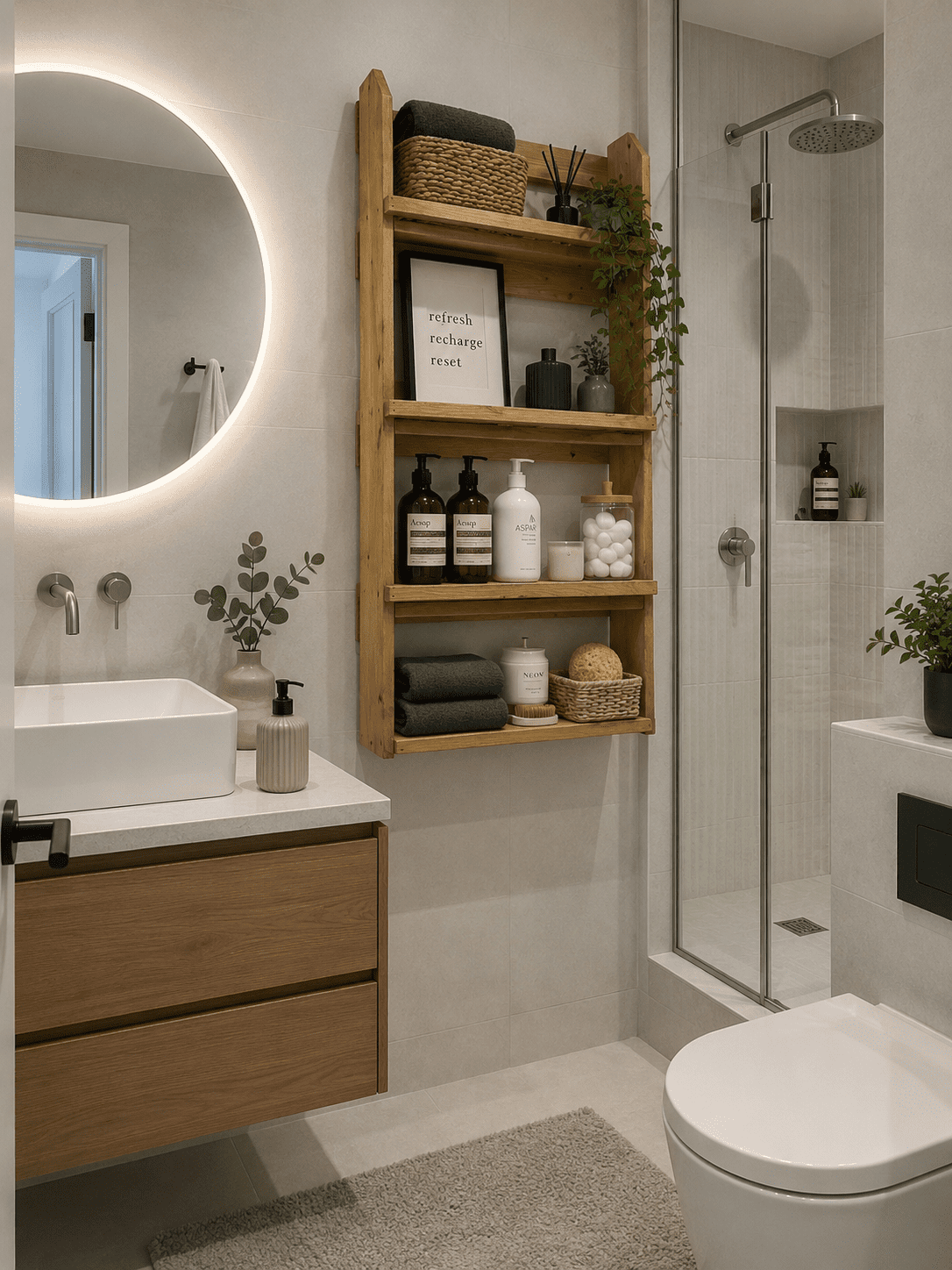 Bathroom wall mounted wooden storage and organisation unit