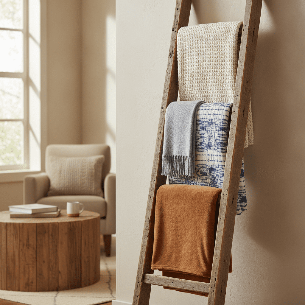 Handmade wooden blanket ladder for bedroom or living room storage